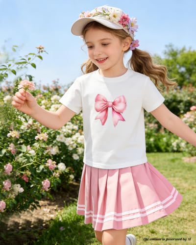 Image of Betusline Girls Skirt Set JK School Uniform 2-Piece Outfit - Short Sleeve & Webbing Solid Skirt,4-14Y