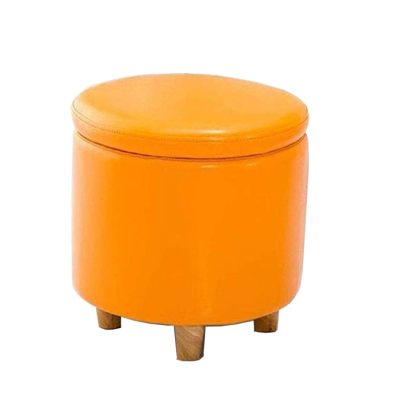 Tabouret de rangement rond orange dans un salon minimaliste et ordonné
