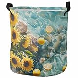 Collapsible Laundry Basket 42L, Sunflower Lemon Storage Bin Laundry Hamper with Handles, Watercolor Summer Lake Aqua Sea Waterproof Clothes Baskets for Bedroom/Kitchen 13.8 x 17 In