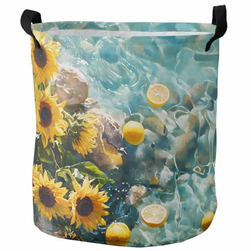 Collapsible Laundry Basket 42L, Sunflower Lemon Storage Bin Laundry Hamper with Handles, Watercolor Summer Lake Aqua Sea Waterproof Clothes Baskets for Bedroom/Kitchen 13.8 x 17 In