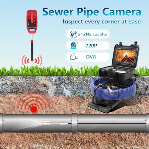 Cámara de Alcantarillado con Localizador, Auto Nivelación, Cable de 164FT/7MM, Mango Retráctil, Cámara de Inspección de Drenaje IPS de 9'' con DVR, IP68 Serpiente de Plomería con 12 Luces para Hogar, Inspección de Tuberías y Ductos miniatura 2