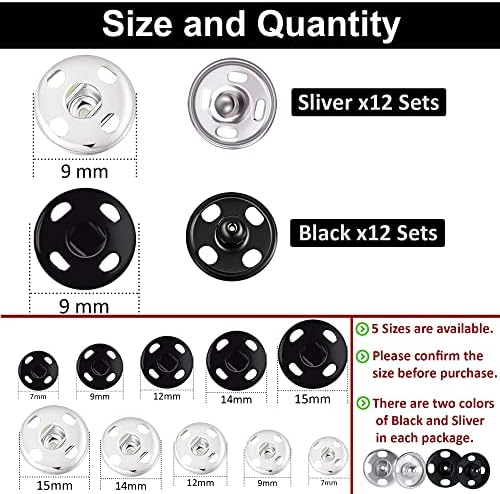 Hash 24 Sets Metal Snap Button Clasps Fastener Press-Stud Sew on Snaps Fasteners Black Silver Press Studs for Purse Handbag Clothes Sewing Craft DIY Supplies (7 mm, 9mm, 12mm 14mm, 15mm) (7mm)