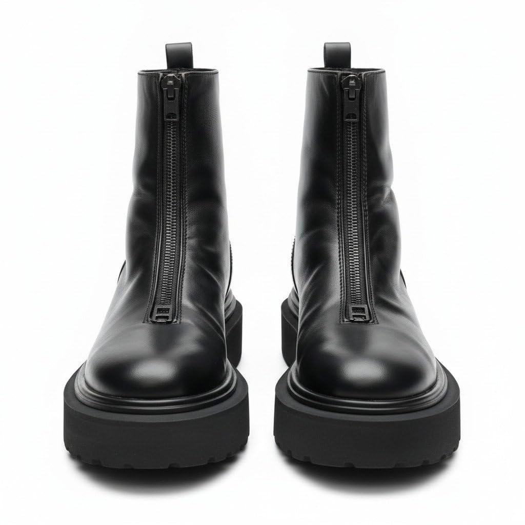 costoso italiano Men’s Black Leather Ankle Boots with Front Zipper, Chunky Lug Sole, Round Toe Casual Biker Style Boots for Men-picture-32