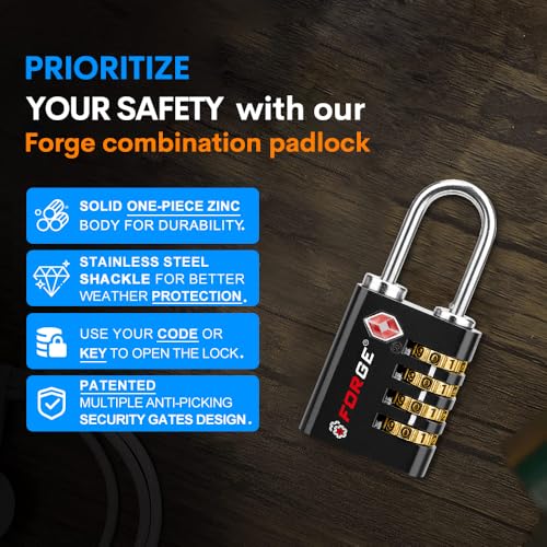 Forge Dual-Opening: Key or Combination Access Lock, TSA Approved Locks for Luggage, Pelican case, Travel, Gym, School, Stainless Steel Shackle. (Black 2 Pk)