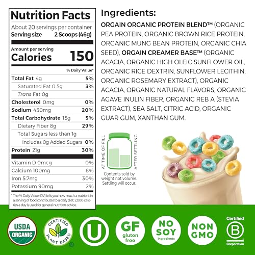 Image of Orgain Organic Vegan Protein Powder, Fruity Cereal - 21g Plant Based Protein, 8g Prebiotic Fiber, Low Net Carb, No Lactose Ingredients, No Added Sugar, Non-GMO, For Shakes & Smoothies, 2.03 lb