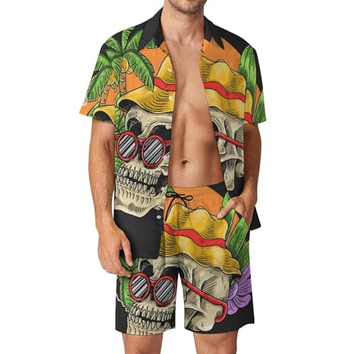 Ensemble de Plage pour Homme Chemise Hawaïenne Tête de Mort Tropicale et Short d'Été