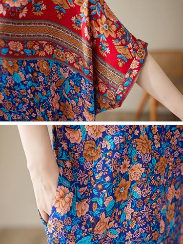 Image of Summer Floral Plus Size Dresses for Women V Neck Casual Loose Dress with Side Pockets
