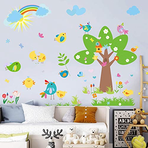 Rw-1066 Cute Birds Animals Wall Decals Big Tree Wall Stickers Flowers Birds Animals Decals Diy Removable Birds Butterfly Wall Art Decor For Kids Baby Bedroom Living Room Nursery Classroom Decoration #TOP5