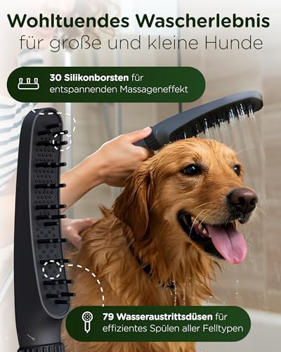 KUNTO® Hundebrausekopf inkl. Gartenschlauchadapter & Wasserstop - Hundedusche Duschkopf mit 79 Düsen, 4 Strahlarten & 30 Silikon-Massage-Borsten - Mobile Hunde-Duschbrause für drinnen & draußen