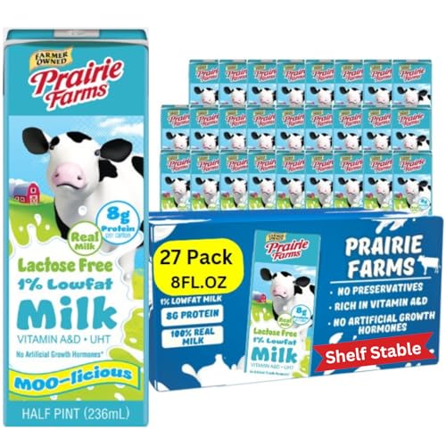 Prairie Farms Lactose Free Milk, Shelf Stable 1% Low Fat Milk Boxes Vitamin D, Gluten Free, Ultra Pasteurized (UHT), Kosher - 8oz. (27 Pack)