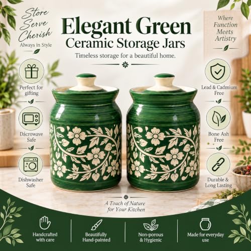 Image of D'Maiolica Ceramic Handmade Pickle Jars in 1000ml (set of 2) | Floral Bale 1 kg Achaar Martban | Ceramic Jadi for Kitchen Storage (Set of 2) | Jars for Achar, Spices, Salt (Florian Green)