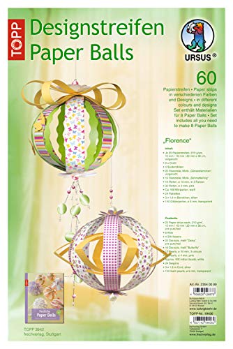Ursus 23540099 - Designstreifen Paper Balls Florence, Material für bis zu 8 Paper Balls, Durchmesser ca. 10 cm, 60 Streifen mit Zubehör, ideal zum Basteln von individuellen Weihnachtskugeln