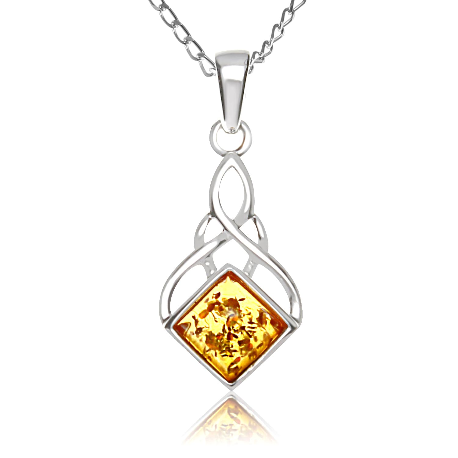 Solid 925 Sterling Silver & Amber Celtic Pendant Necklace for Women - Celtic Jewellery with 18" Silver Chain & Jewellery Gift Box - 22mm x 12mm