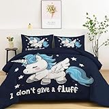 Bettdecke Ohne Bezug 220x240cm, Schwarz 4 Jahreszeiten Waschbare Bettdecken Karikatur, Niedliches Einhorn Tagesdecke Warme Steppdecke - Weiche Wendebettwäsche mit 2 Kissenbezug