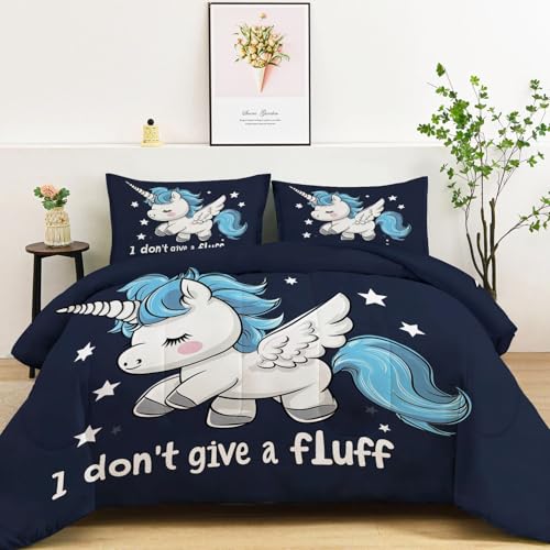 Bettdecke Ohne Bezug 220x240cm, Schwarz 4 Jahreszeiten Waschbare Bettdecken Karikatur, Niedliches Einhorn Tagesdecke Warme Steppdecke - Weiche Wendebettwäsche mit 2 Kissenbezug