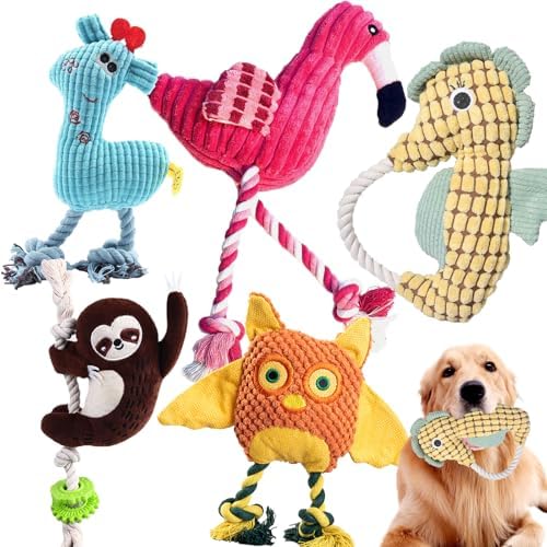 MRSOHRET 5 Pack Plush Dog Toys with Rope, Squeaky Dog Toys, Tug o...