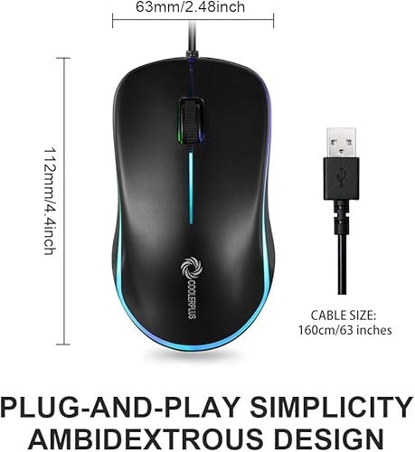 Vista 6 de FC112 - Mouse óptico USB con cable para computadora con fácil clic para oficina y hogar, 1000 DPI, premium y portátil, compatible con PC