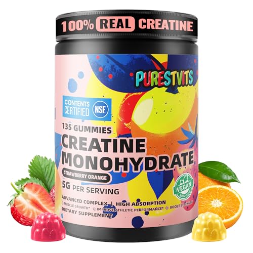Image of NSF Certified Creatine Gummy 5g - Creatine Monohydrate Gummies - Pre-Workout Energy & Muscle Growth Support for Men & Women | Strawberry Orange Electrolyte Gummies (135 Count)