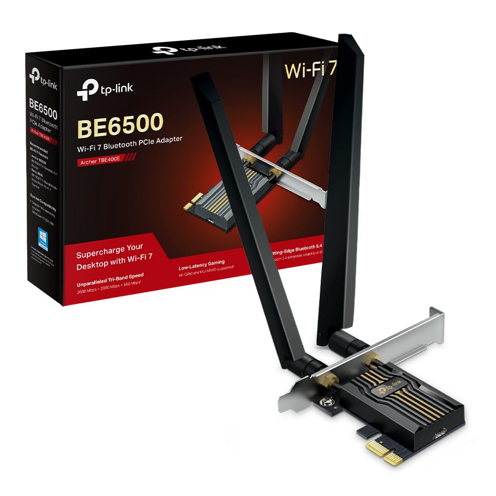 TP-Link Archer TBE400E PCIe Scheda WiFi BE6500Mbps WiFi 7, Scheda Bluetooth 5.4, WPA3, MU-MIMO, OFDMA, Scheda WiFi PC Fisso, Supporta Windows 11 BE6500 Wi-Fi 7