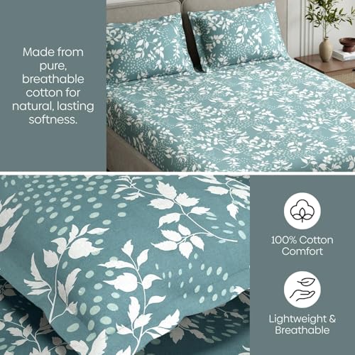 Image of Haus & kinder Double Bedsheet for Queen Size Bed | 90 x 100 Inches 144 TC Cotton Bedsheet for Double Bed with 2 Pillow Covers - Green Foliage