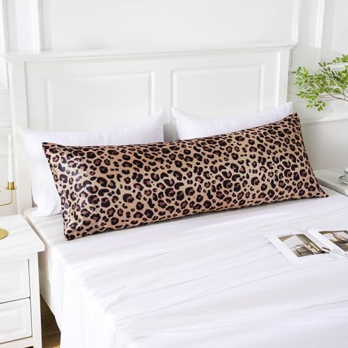 Image of MR&HM Satin Body Pillow Cover, Soft and Breathable Body Pillow Case with Envelope Closure, Cooling and Silky Long Pillowcase for Hair and Skin,Grey (20x54, Brown Leopard)