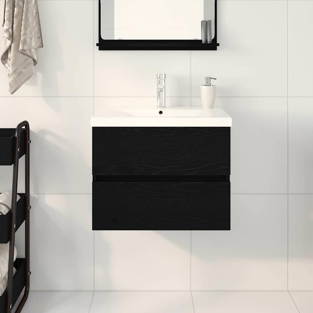 Armario de lavabo de madera de roble negro, 60 x 39 x 62 cm, montado en la pared con espacio de almacenamiento y puertas con bisagras para muebles de baño y tocador de baño