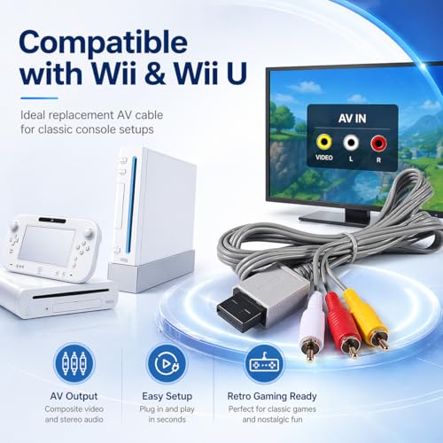 Image of PORTHOLIC AV Cable for Wii and Wii U, 6FT /1.8M Wii Component Cable Composite Audio Video RCA Cable Cord with Red White Yellow Connectors, Plug and Play TV Connection Cable