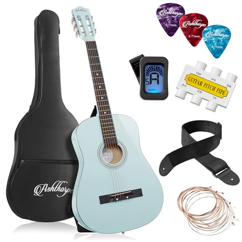 Ashthorpe 38-inch Beginner Acoustic Guitar (Light Blue), Starter Kit with Gig Bag, Extra Strings, Strap, Picks, and Lessons