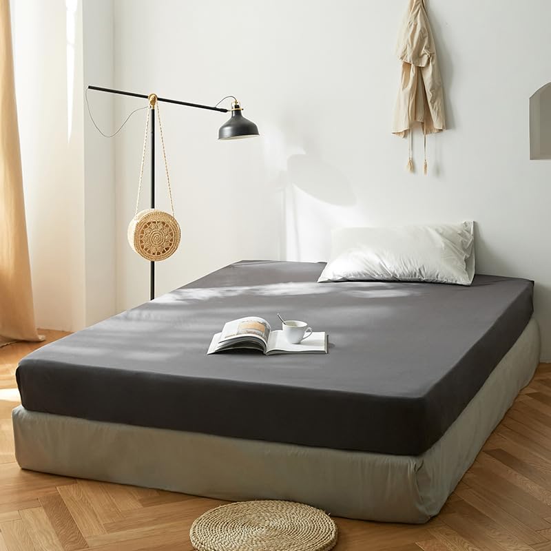 Lanqinglv Fitted sheet 140x200 cm Double Size Dark Grey Brushed Microfibre 35cm Deep Fitted Bed Sheet,Super Soft and Machine Washable