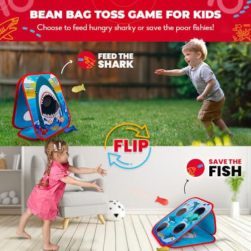Swooc Games® - Shark Frenzy™ | 2-in-1 Bean Bag Toss Game for Kids | 5-Second Setup Toddler Party Games for Kids | Toddler Outdoor Fun | Corn Hole Shark Toys for Boys | Cornhole Game Set Outside