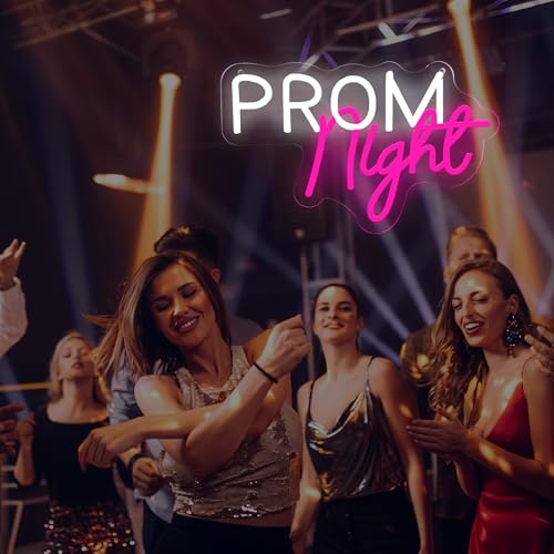 Image of Prom Night Neon Sign, LED Light Up Party Decoration for Prom, Graduation, or Dance Event, USB Powered Backdrop Wall Sign for Prom 2026 Grad Party Decor Pink and White