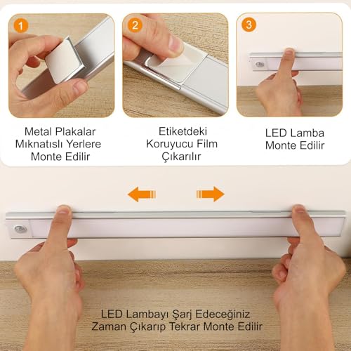 HyMark 40cm Sensörlü Alüminyum USB Şarjlı LED Gece Lambası 3 Renk Kısılabilir Mutfak Dolap Tezgah
