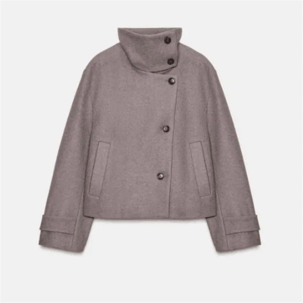Women's Stand Collar Loose Jacket Cuff Buckle Detail for Autumn Winter Elegant Tops