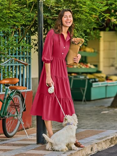 Image of Wenrine Womens Casual 3 /4 Sleeve Shirt Dress Button Down V Neck Tiered Collared Flowy Maxi Dress