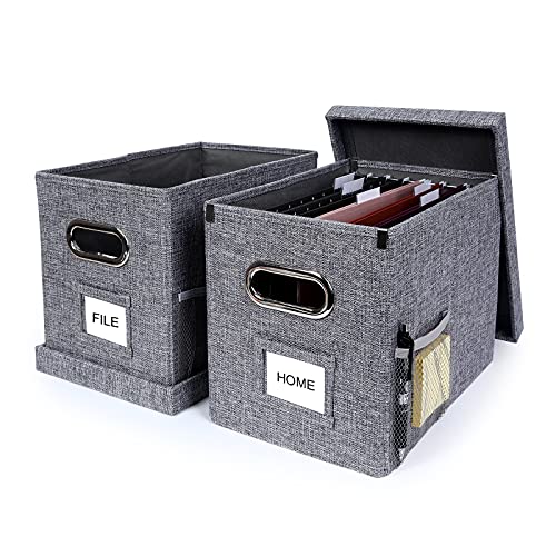 File Box Desktop File Organizer Box for Letter Folder Documents with Smooth Sliding Rail,Portable Collapsible Hanging Filing Box with Lid (Grey, Pack of 2)