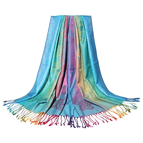 cfpqv Bufanda de algodón para mujer, estilo étnico colorido, bufanda con borla, chal a cuadros azul para hombre, azul claro, Talla única