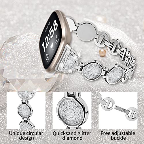 LAZIRO Watch Strap Compatible with Fitbit Versa 3/Sense, Fashion Metal Strap with Unique Circular Quicksand Design Free Adjustable Buckle Watch Band for Fitbit Versa 3 /Fitbit Sense - Silver