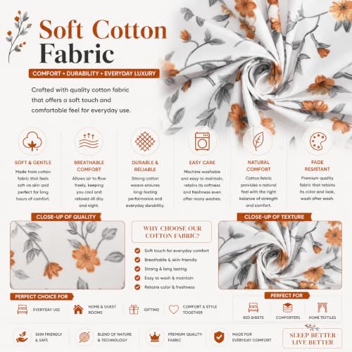 Image of IVAZA 240 TC Soft Ezyption Cotton Floral Print King Size Bedsheet - with 2 Pillow Covers, Hypoallergenic, Brethable, (Size- 90 x 90 Inch) Brown & White