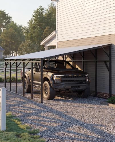 Image of Garvee 12x25x9 ft Lean-to Metal Carport, Wall-Mounted Car Port | Vertical Roof with 11.5 Slope / Heavy-Duty 19-Ga. Steel Frame / 107 inch to 78 inch Height Clearance for SUV & Pickup