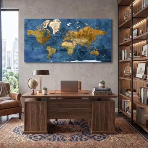Image of World Map Wall Art for Living Room - Large Blue World Maps for Wall Decor, Framed Canvas Map Wall Art, Modern Abstract Office Wall Art, Artwork for Walls 24x48IN