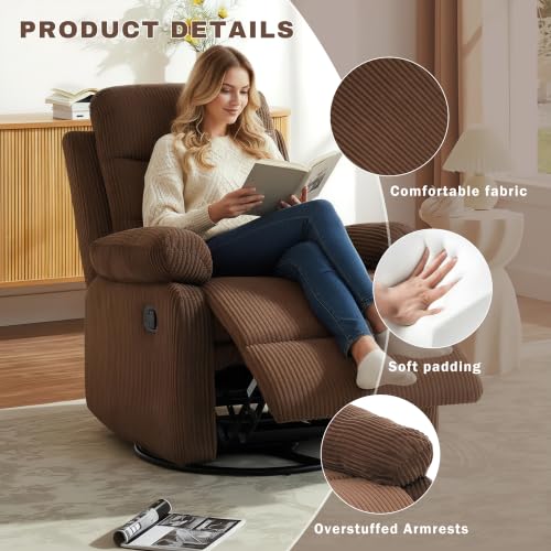 Image of Rocking Recliner Chair,Modern Swivel Glider Recliner Chair,Corduroy Fabric Upholstery Recliner,Manual Reclining Sofa Chair for Living Room,Office,Apartment (Brown)