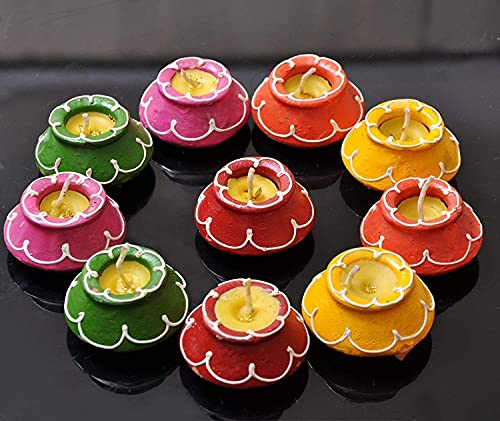 SATVIK-10-Pc-Set-Matki-Clay-Diya-Diwali-Wax-Filled-Dia-for-Puja-Pooja-Traditional-Handmade-Terracotta-Earthen-Vilakku-Oil-Lamp-Diyas-Natural-Mitti-Welcome-Deepawali-Decoration-Indian-Gift-Items