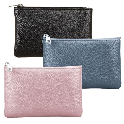 DKDDSSS 3 pezzi Portamonete, Portamonete con Cerniera, Piccolo Portafoglio da Donna, Portamonete in Modello Litchi, per Le Donne Carta di Credito ID Chiave Auricolare (Nero Blu Rosa)