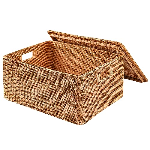 Image of FIYAMMY Rattan Basket With Lid, Large Lidded Basket For Storage(17.8" L×13.8"W×7.8"H)