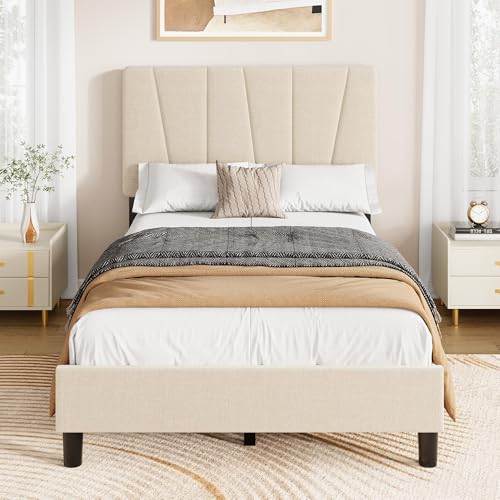 GarveeHome Twin Size Bed Frame with Adjustable Headboard, Linen Upholstered Twin Platform Bedframe with Strong Wooden Slats, Mattress Foundation, No B