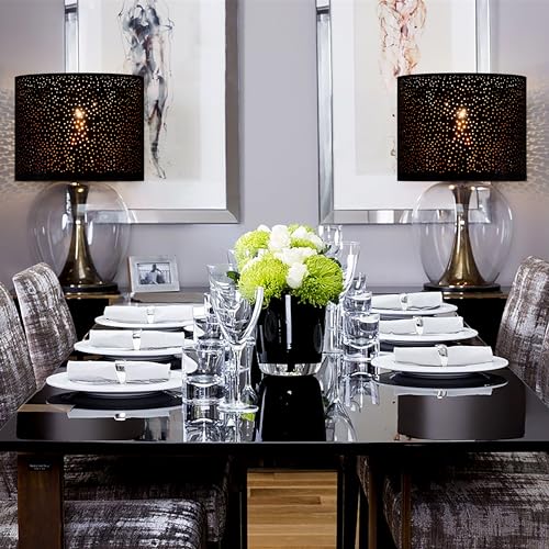 GO&SO Black Lamp Shades Set of 2, Drum Lampshades with Laser Drilling Design, Medium Lampshade 13" Top x 13" Bottom x 10" High, Lamp Shade For Tablelamp,Floor Lamps,Wall Hanging, Assembly Required