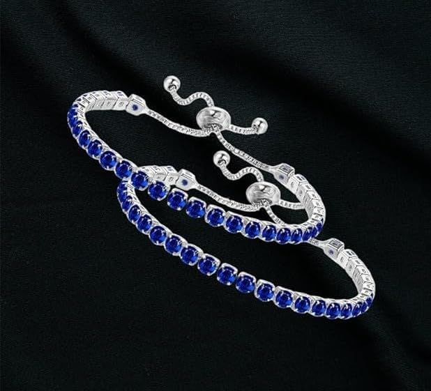 Paris Jewelry Copper-Plated White Gold 4MM Created Blue Sapphire Round Adjustable Tennis Plated Bracelet - Image 3