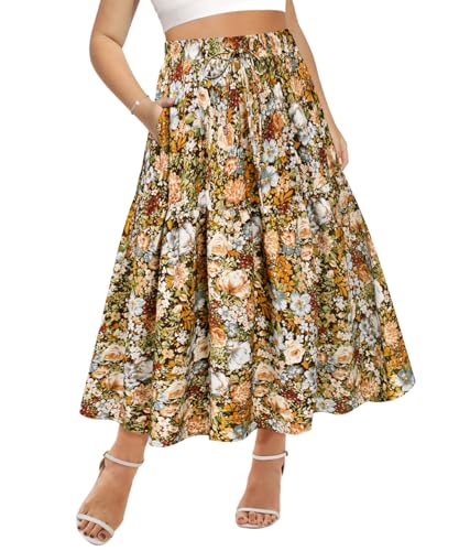 CARCOS Plus Size Skirts for Curvy Women Elastic High Waist Boho Maxi Skirt Pleated A-Line Tiered Long Skirts with Pockets