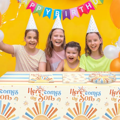 Image of Here Comes The Son Baby Shower Decorations,Boho First Trip Around The Sun Party Supplies,Disposable Dessert Plate,Napkin,Tablecloth for It's A Boy Gender Reveal,Sun You Are My Sunshine Baby Shower