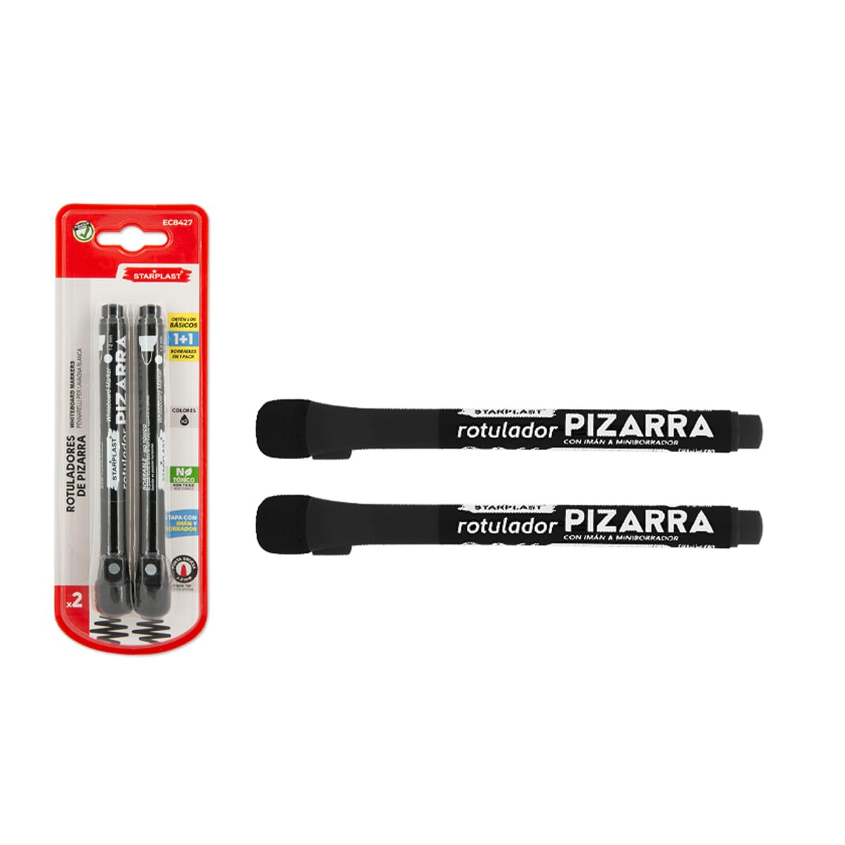 Starplast 2 Whiteboard Markers with Magnet - BROCHIN Marker, Round Tip 2 mm with Eraser - Black
